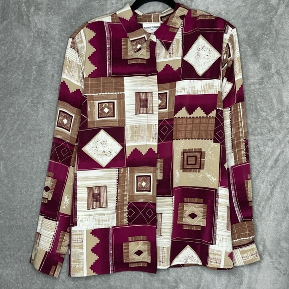 Alfred Dunner 20 1X Shirt Top Brown Geometric Button Up Long Sleeve Collared - Picture 1 of 8